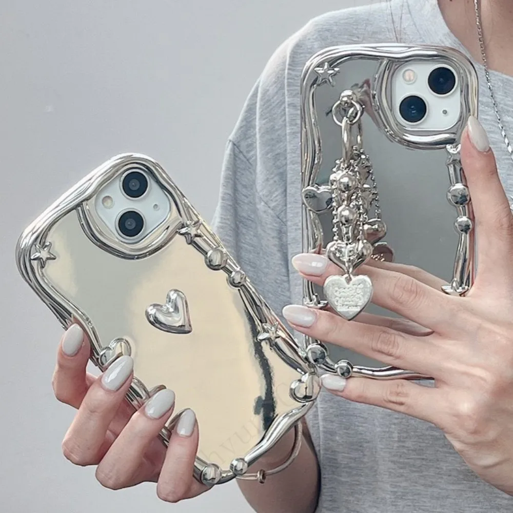 Korea Y2K Star Silver plating 3D Heart Chain Strap Phone Case For iPhone 15 14 13 12 11 Pro Max X XS XR 7 8 +  Shell Cover Gift