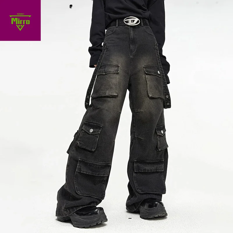 Spring Men's American High Street Multi Pocket Wide Leg Jeans Loose Hip Hop Straight Techwear Denim Handsome Pants