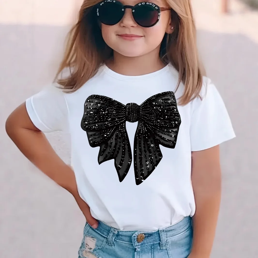 

Летняя элегантная и изысканная футболка с принтом и бантом для девочек, модный и повседневный пуловер, детская одежда