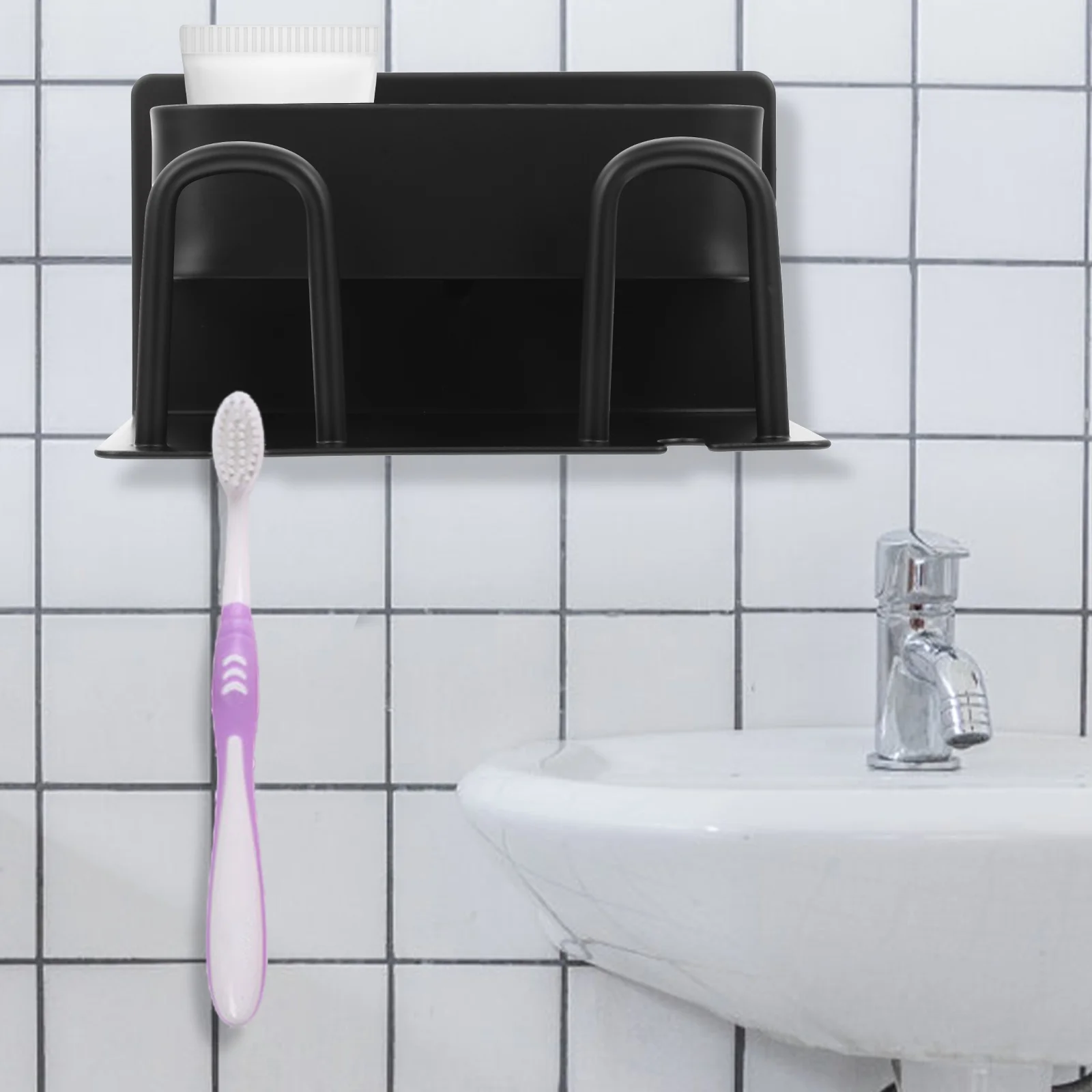 

1pc Wall Mounted Toothbrush Holder Aluminum Storage Rack for Toothpaste Cup Drain Organizer Shower Kitchen Space Saving Design