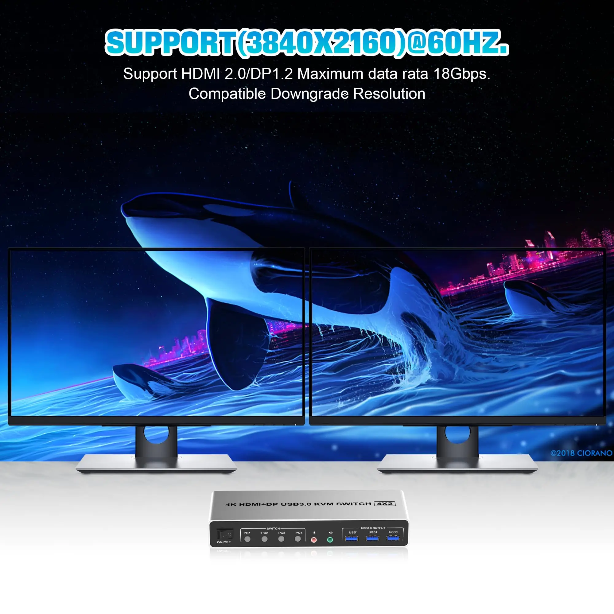 4K@60Hz USB 3.0 Displayport+HDMI KVM Switch 2 Monitors 4 Computers, 4 Port Dual Monitor HDMI+DP Monitor Switch for 4 PC