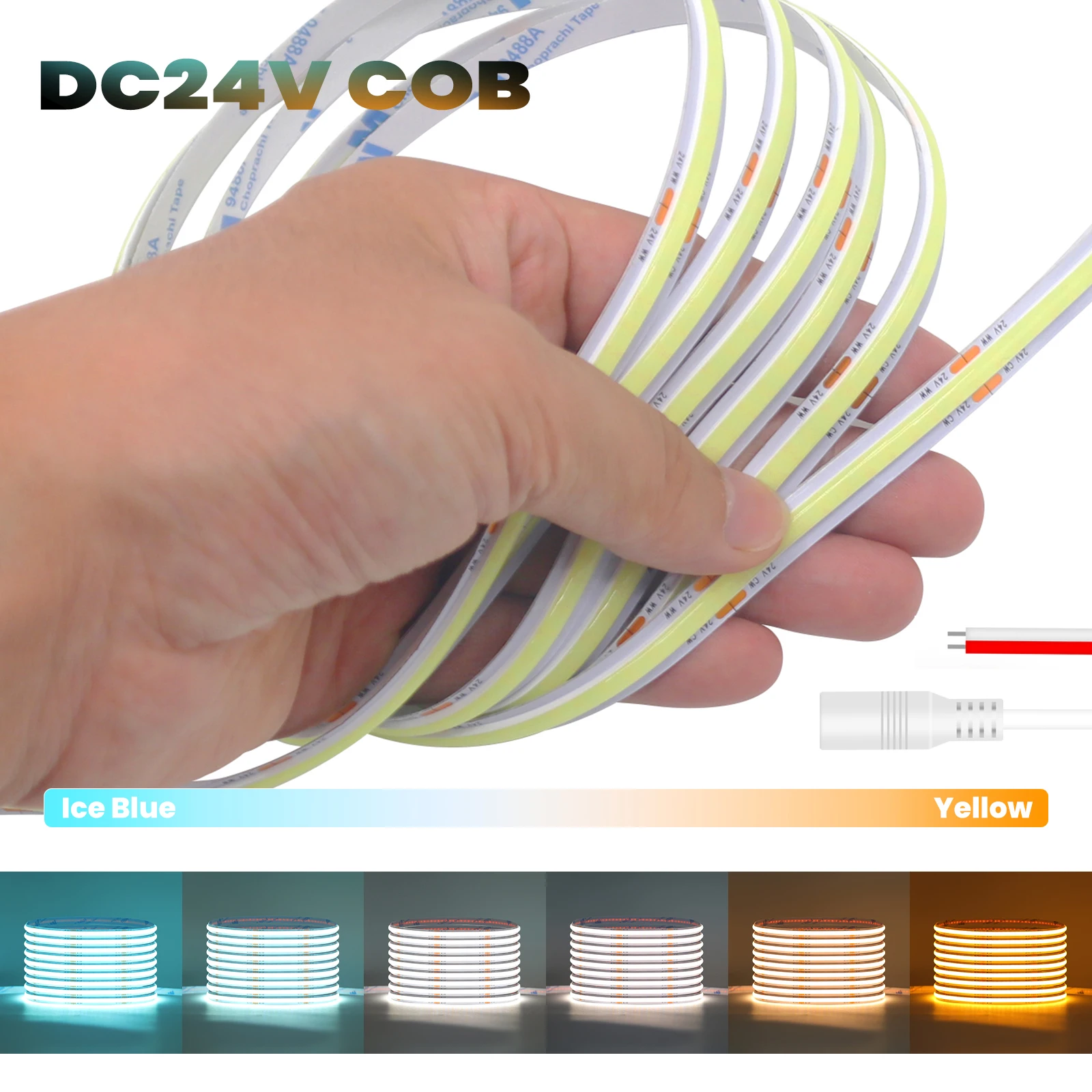 24V Dimmable COB LED Strip Double Color Ice Blue to Yellow Color-Changing 8MM PCB 480LEDs/M Flexible Ribbon Tape Linear Lighting