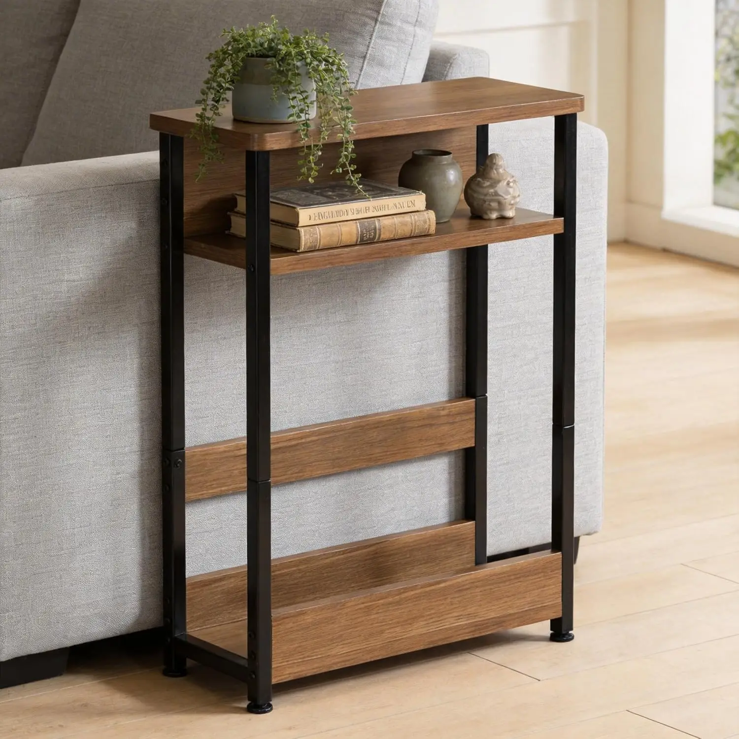 Slim Storage Cabinet Bedside Table, 3-Tier Modern Narrow Side Table with Magazine Rack, Space-Saving Slim End Table for Small Living Room, Bedroom, Sofa, Compact Spaces