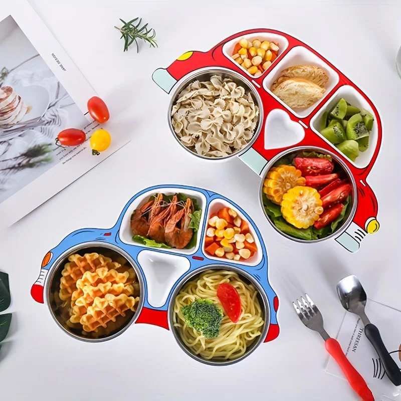 

Korean Style Love Beetle Car Shaped Meal Plate With Cover Divided Tableware Stainless Steel Anti Drop Children's Plate Sets
