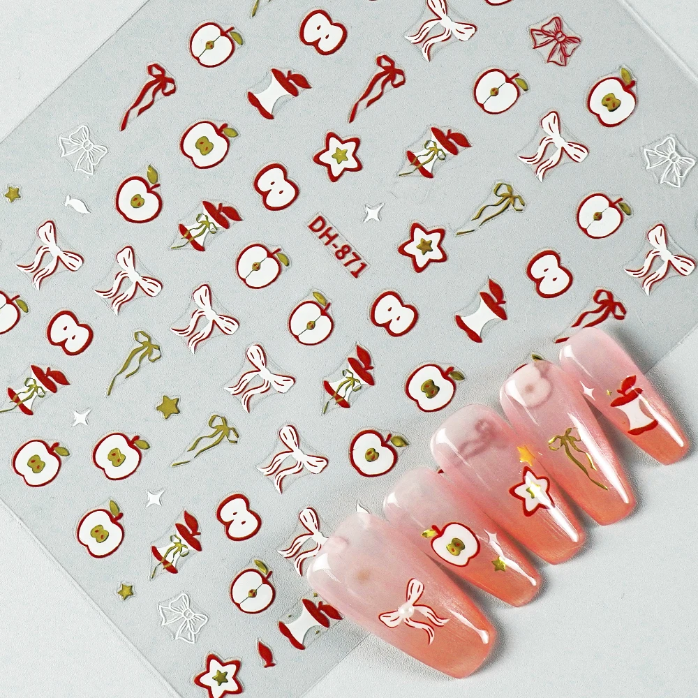 Niedliche Apple Flat Nail Art Aufkleber Rot Weiß Gold Schleife Stern Design Aufkleber für DIY Nail Art Dekorationen Maniküre