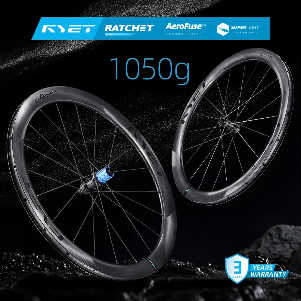 

RYET Full Carbon 1050g Road Wheelset Ultra Light Aero Disc Brake Carbon Spokes, 36T Ceramic Ratchet Hub, Tubeless/Clincher Ready