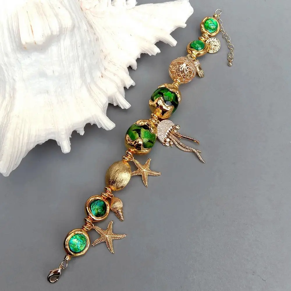 Y·YING Green Murano Glass White Pearl Gold Plated Charm Beaded Bracelet Handmade Fashion Jewelry image 6