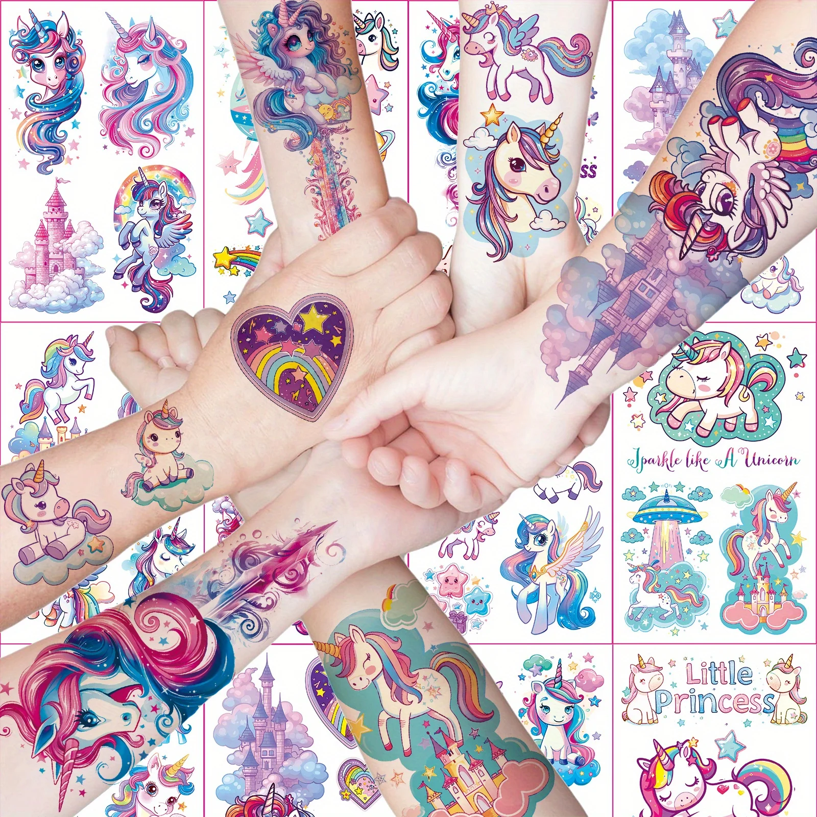 12pcs Sparkling Unicorn Temporary Tattoo Stickers, Cute Design Waterproof Unicorn Planet Fake Tattoo Stickers