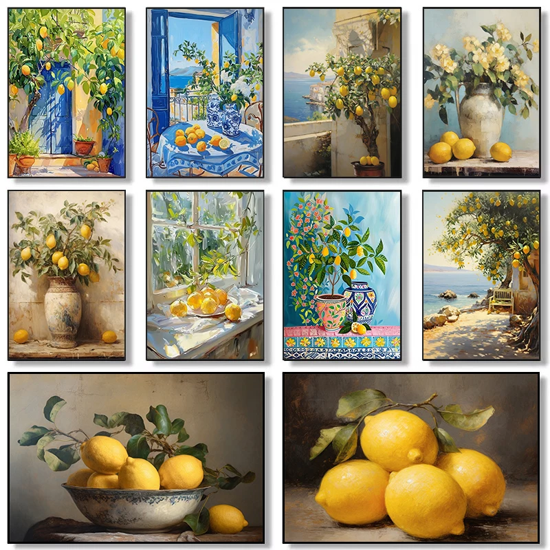 Mediterranean Summer Lemon Tree Fruits Still Life Coastal Landscape Poster Canvas Painting Wall Art Pictures Home Kitchen Decor