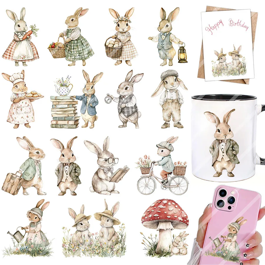 2pcs Retro Fairy Tale Bunnies Easter DIY UV DTF Rub On Glass Cup Wrap Transfer Sticker Crafts Mug Bottles Greeting Cards Decor