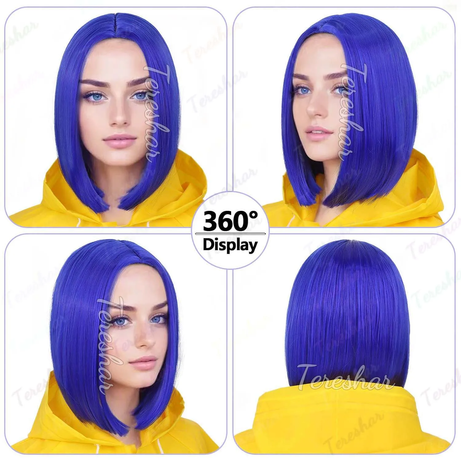 Synthetic Dark Blue Bob Wig with Hairpin+Necklace Wig,for Women Short Straight Coraline Costume Wigs for Cosplay Party Halloween
