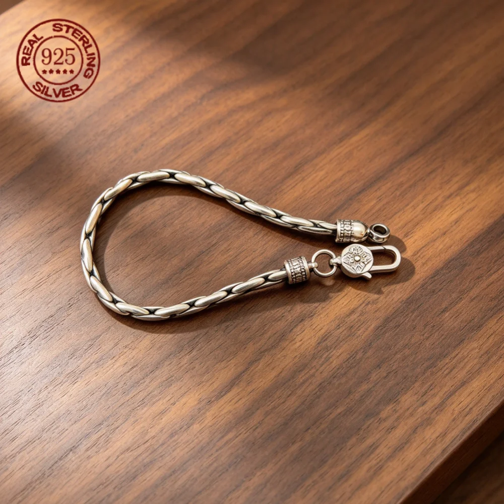 Simplicity Vintage S925 Sterling Silver Bracelet Snake Bone Chain Sculpture Petal Vajra Buckle Bracelet Jewelry Gift