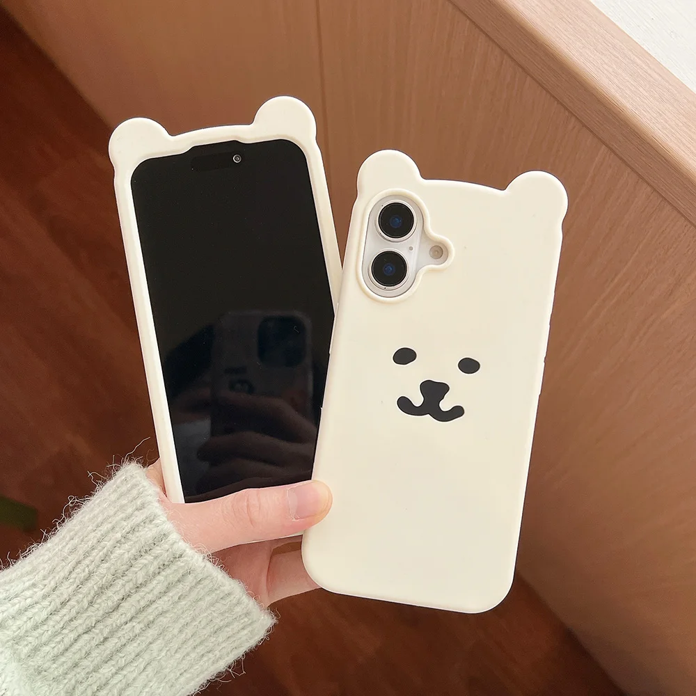 For iPhone 12 13 14 15 Plus 16 Pro Max Funny 3D Cartoon White Bear Cover Soft Silicone Case