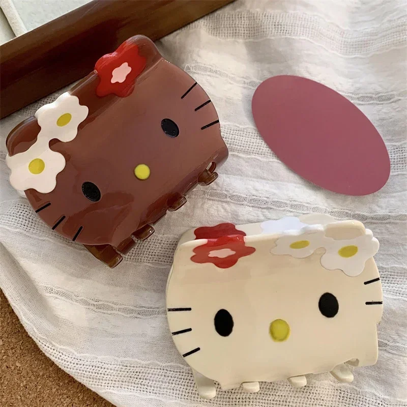 Sanrio Anime Hair Clip Hello Kitty Hawaii Black Leather Shark Clip Cartoon Cute Girl Bun Hair Accessory Gift Cute Girly Heart