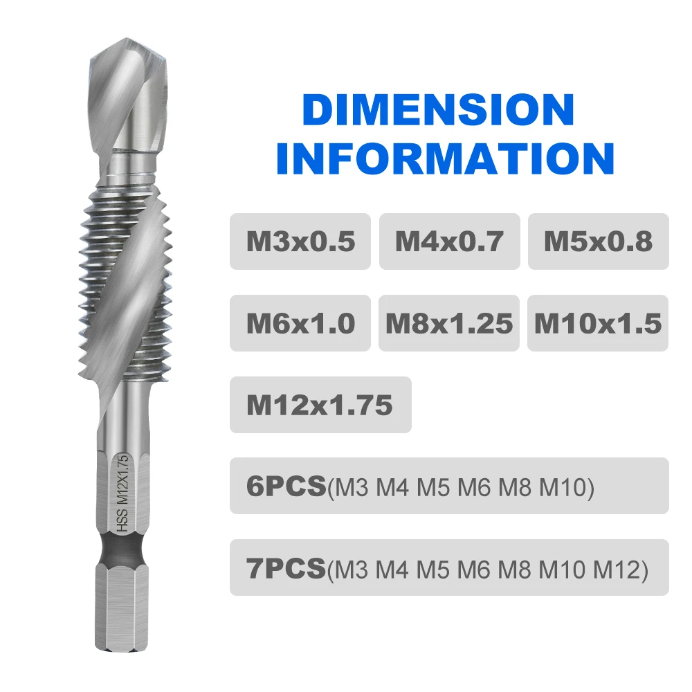 HAMPTON Sechskantschaft, metrischer Gewindebohrer, kombinierter Gewindebohrer und Bohrer, Spiralnut, HSS-Gewinde, Gewindebohrer, Gewindewerkzeug, M3, M4, M5, M6, M8, M10, M12 – Detail 2