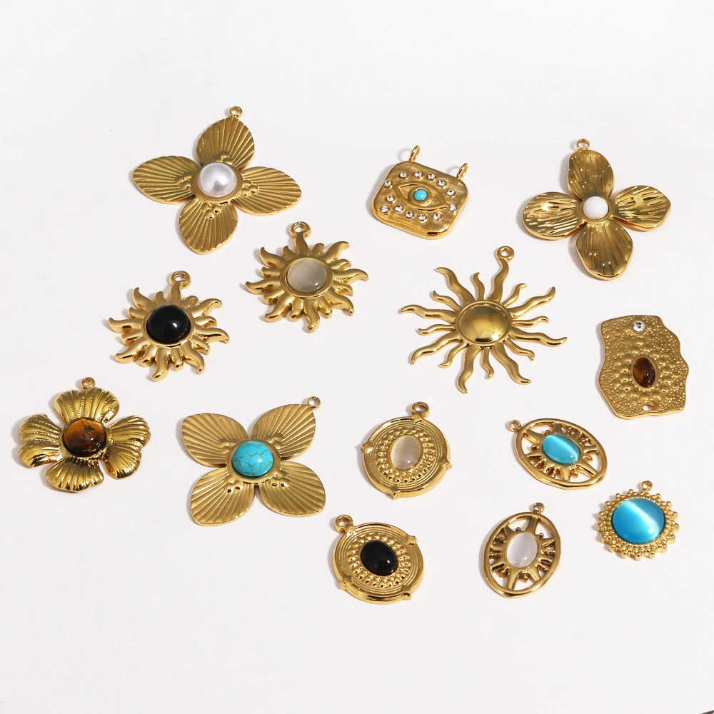 5pcs/Lot Religious Stainless Steel Sun Eye Hamsa Hand Charms Natural Semi Precious Stone Necklace DIY Small Pendant Wholesale