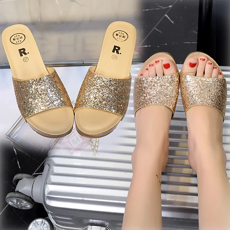 7cm High Heels, Beach Shoes Thick Bottom Platform Sandals Women Glitter Wedges Summer Sandles