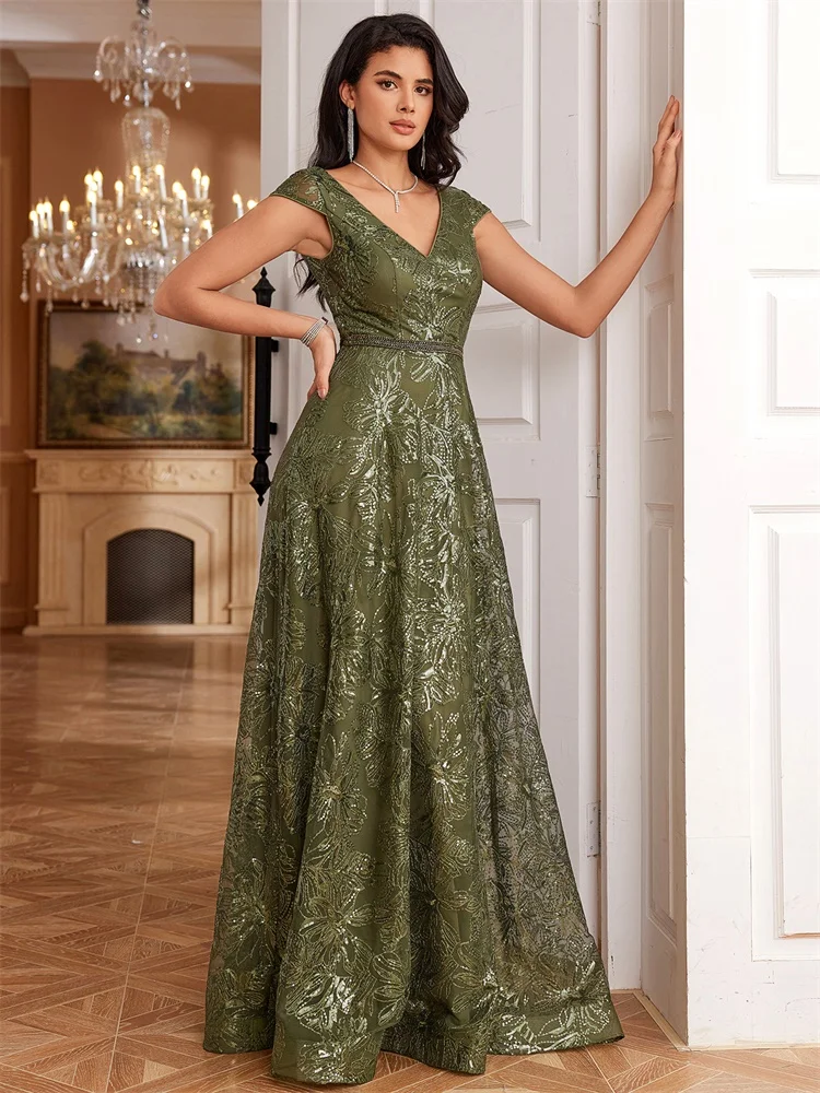 Lucyinlove New Luxury V-Neck Green Sequins Evening Dress Elegant Long Women V-back Wedding Party Long Prom Cocktail Dress Gowns