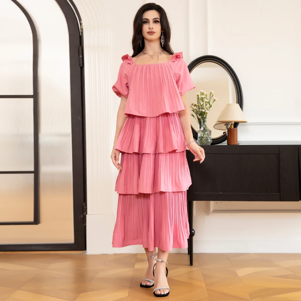 Elegant style Square collar Solid color Pleated Lantern sleeve Long Dresses