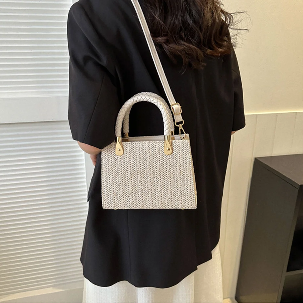 

Модная минималистичная тканая сумка, однотонная соломенная сумка через плечо, универсальная повседневная маленькая квадратная сумка