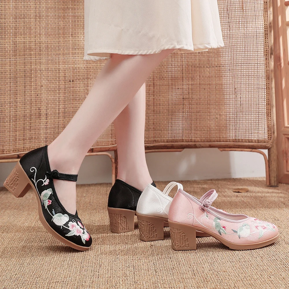 Veowalk Women Satin Embroidered 6cm Block Heel Shoes Comfortable Elegant Ladies Casual Mary Janes Chinese Style Shoes Black Pink