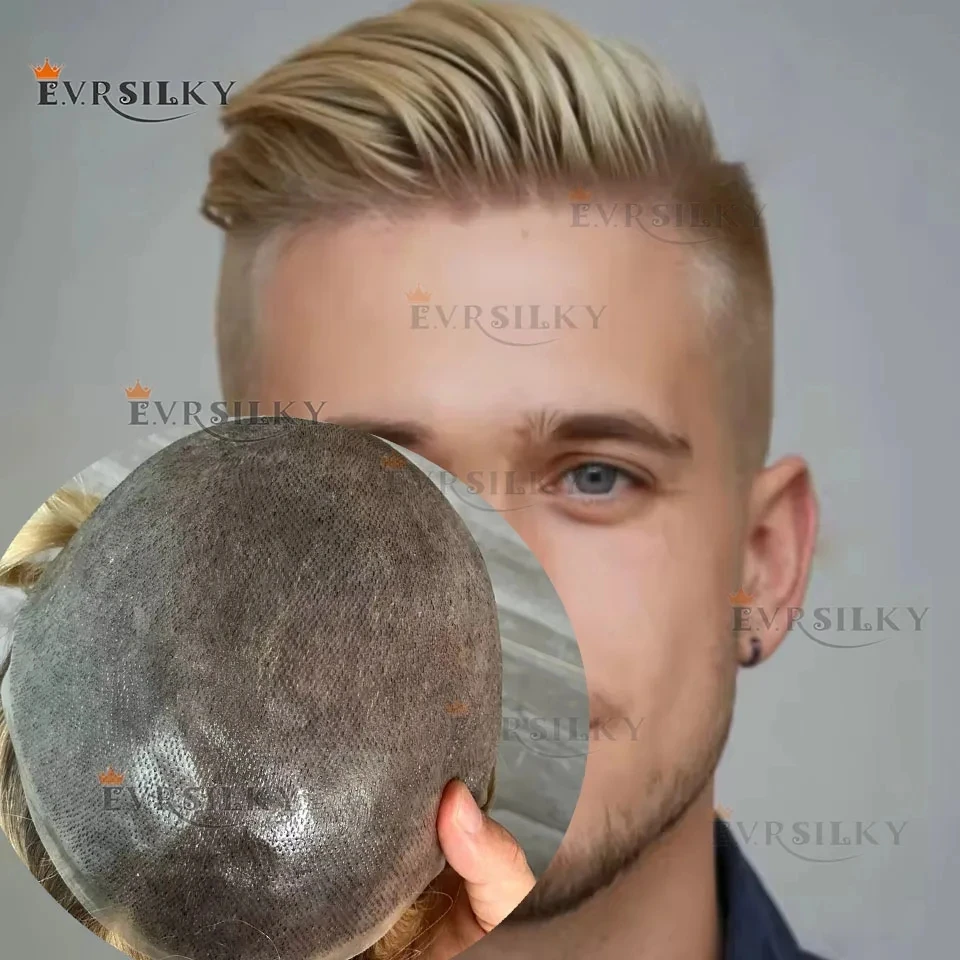 

Ombre Blonde Brown Roots Male Wig 4T613# European Human Hair 0.06mm Full Vloop PU Men Toupee Undetectable Super Natural Hairline