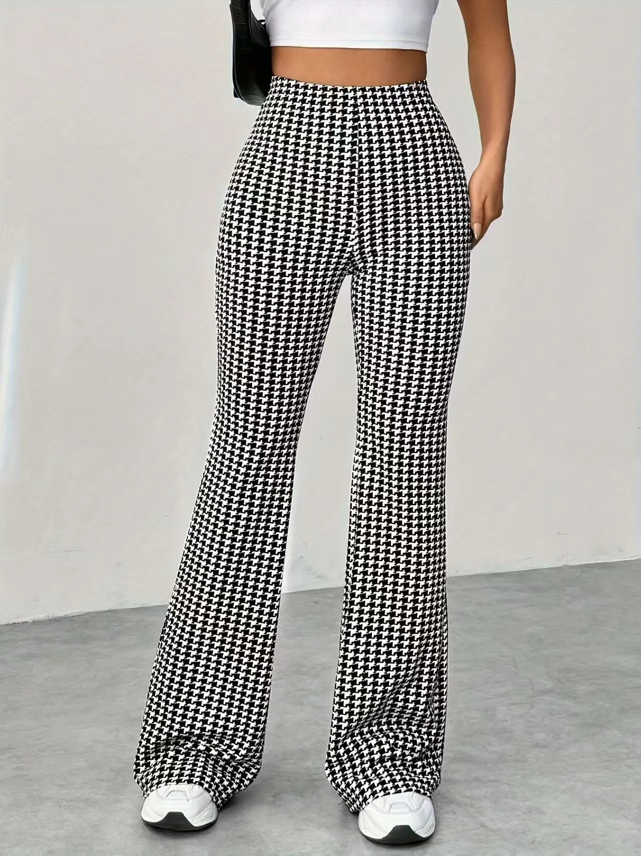 Elastic high waisted herringbone printed flared pants, fashionable casual pants, comfortable micro flared pants 6 Elastic high waisted herringbone printed flared pants, fashionable casual pants, comfortable micro flared pants 6