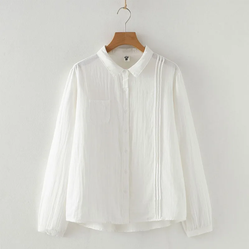 Spring Female Shirt Large Size Cotton and Linen Shirt Solid Color Long Sleeved Loose Lapel Collar Organ Pleats Bottoming Shirt