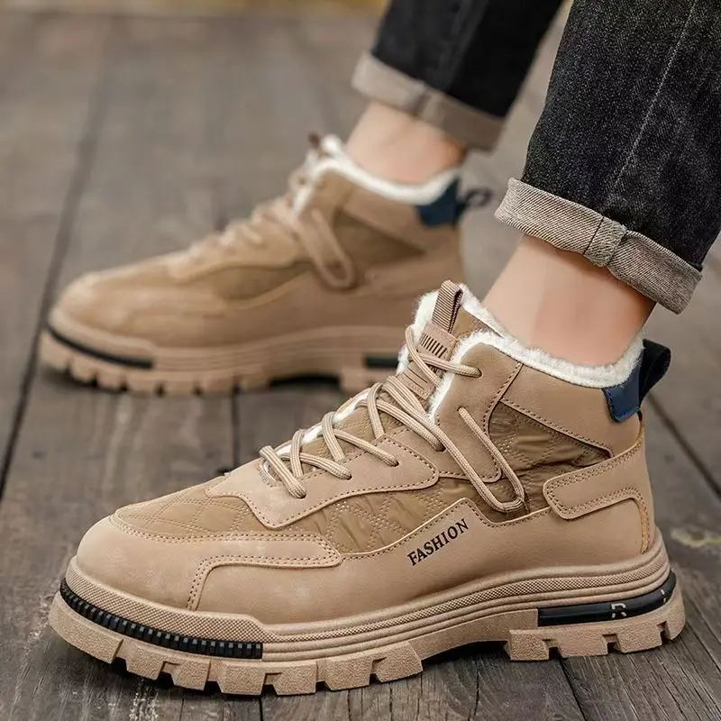 

Winter New Men Leather Big Size Ankle Snow Boot Thick Sole Non Slip Thicken Plush Keep Warm Retro Outdoor Work Boots Cotton Boot