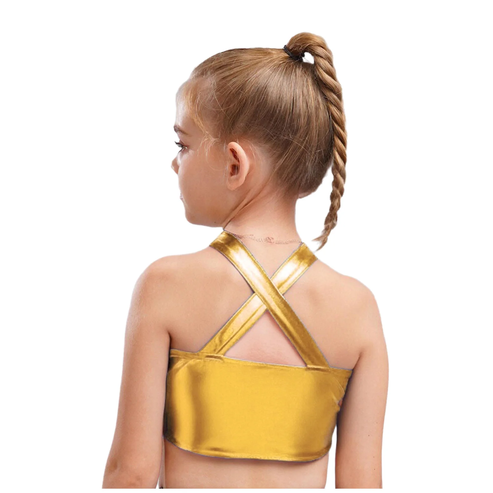 Kids Girls Jazz Latin Ballroom Dance Costume Cross Keyhole Sparkly Sequins Metallic Crop Top Vest School Cheerleading Dancewear