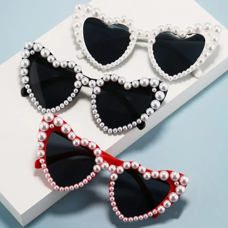 Pearl Decor Heart-shaped Fashionglasses Women Decorative sunshade fashion Glasses Summer beach Music Festival Party