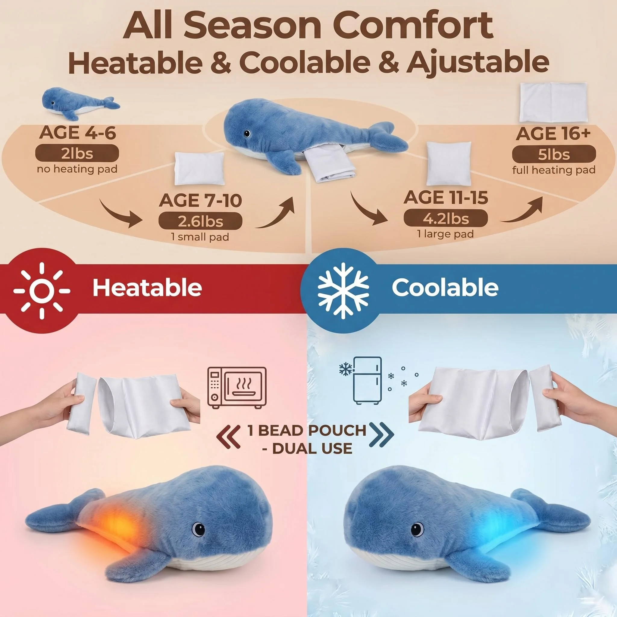 1kg 70cm Heavy duty Weighted Plush Toy Whale Microwavable Stuffed Animal Heating Pads for Stress Relief Coolable Stuffed Whale - view 3