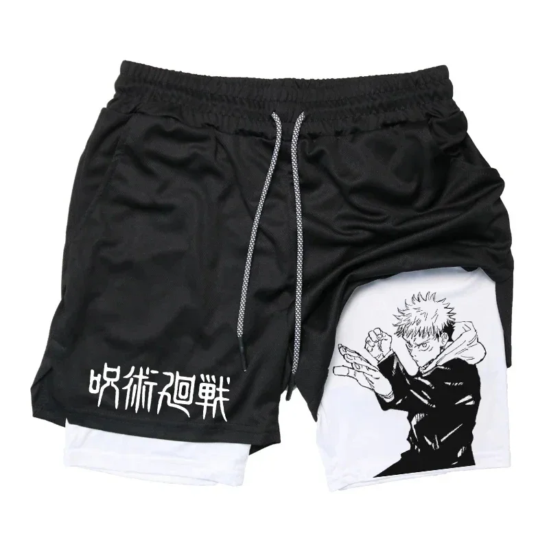 Itadori yuji 2 in 1 Kompression shorts für Männer Anime Jujutsu Kaisen Performance Shorts Basketball Sport Gym Shorts mit Taschen