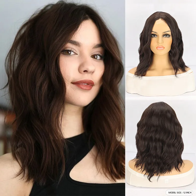 

European and American Style Middle Part Hair Water Wave Curly Short for Women with Lace Front Wig