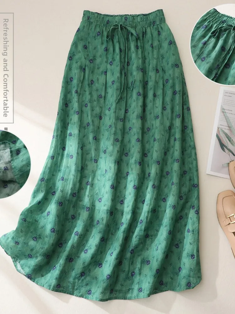 

Retro Floral Double Layered A-Line Long Skirt Loose High Waist Cotton Linen Women's f Body Skirt Commute Artistic Sle