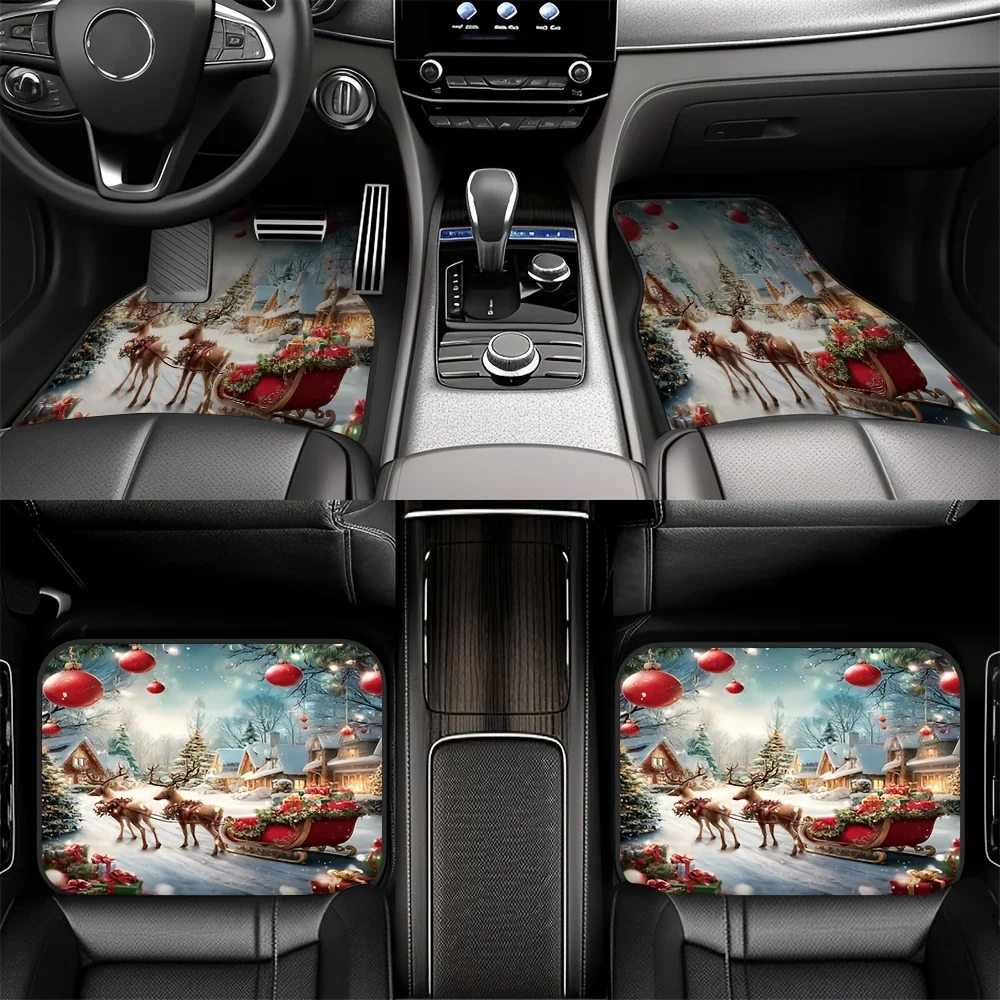 4pcs Christmas Car Floor Mats Santa Sleigh Reindeer Design Durable Polyester Foldable Portable Perfect for Trucks SUVs Buses