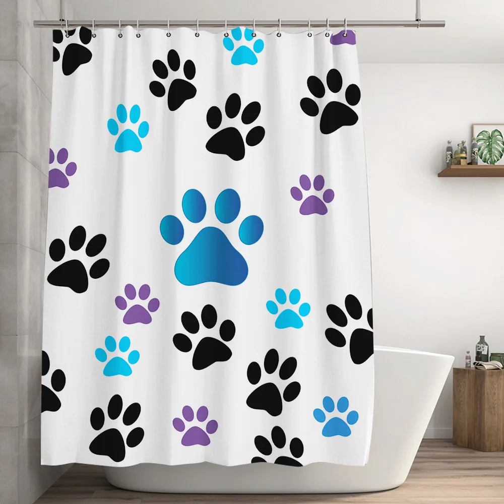 Cartoon Shower Curtain Illustration Fish Animal Paw Print Cute Cat Dog Bath Print White Backdrop Bath Decor Curtain with Hooks