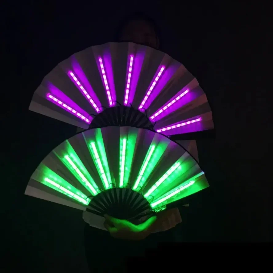 Led Light Glowing Fluorescent Fan with Battery Foldable Hand Fan for Night Performance Dance  Dj Bar Club Party Decoratio