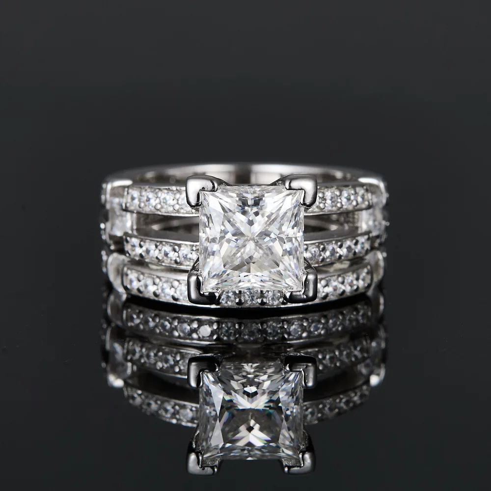 

2pc Luxurious 2CT Princess Cut Moissanite Ring for Women S925 Sterling Silver D Color VVS1 Triple Band Engagement Ring w