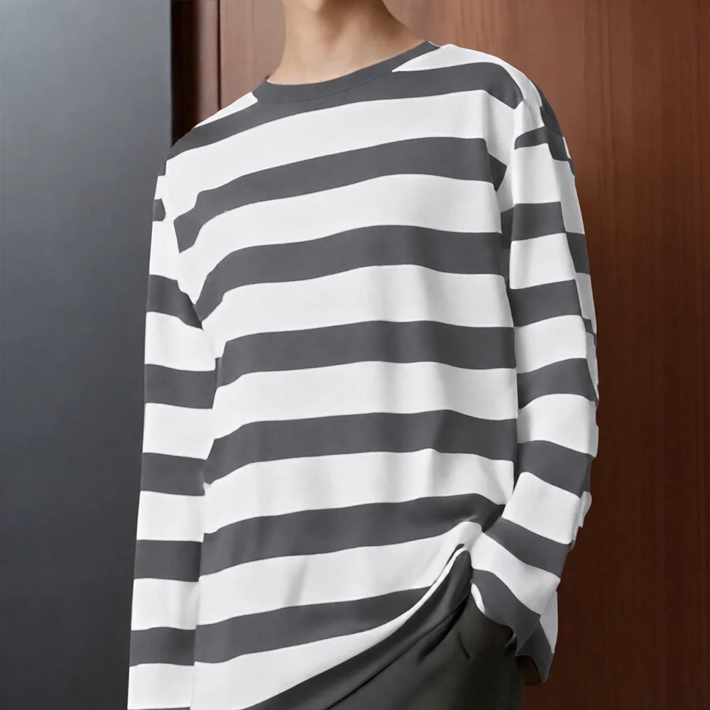 2026 New Style Unisex Man Adults Long Sleeve T Shirt Red Black Horizontal Stripe Crew Neck Loose Casual Streetwear Tops
