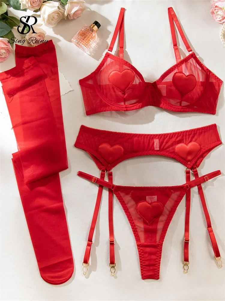 

SINGREINY Love Sheer Slim Sexy Lingerie 4 Pieces Suits Women Garter Club Bra Sets 2024 Fashion Christmas Erotic Underwear Sets