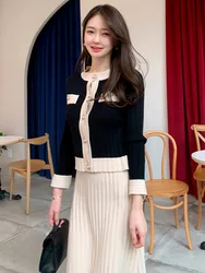 Autumn And Winter New Korean Fashion Knitted Color Block Cardigan Sweater + High Waist Pleated Skirt Suits 2 Piece Set For Women