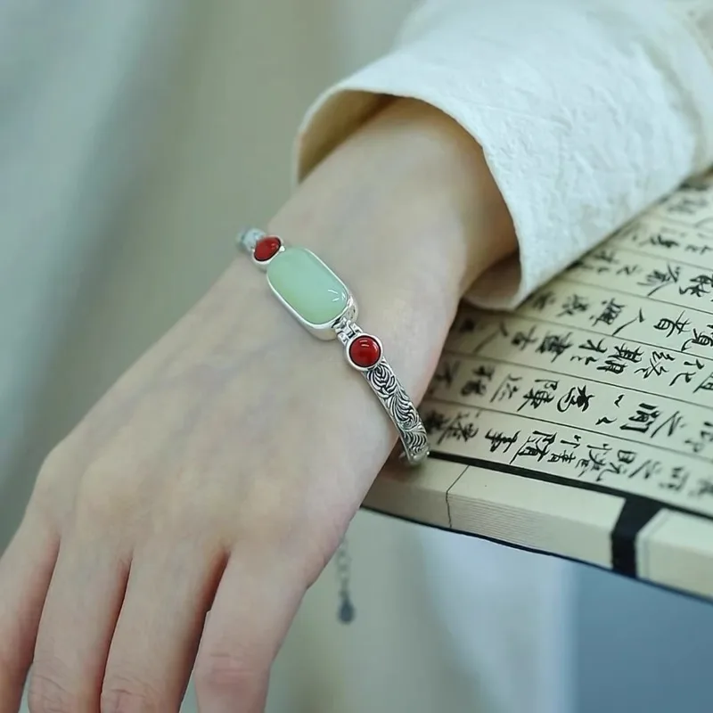 

Retro national style old inlaid Hetian sapphire bracelet femininity new Chinese national style