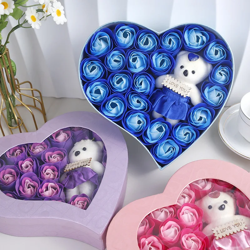 22 Flowers Soap Flower Gift Rose Box Valentines Day Gift Bears Bouquet Wedding Decoration Gift Festival Heart-shaped Box