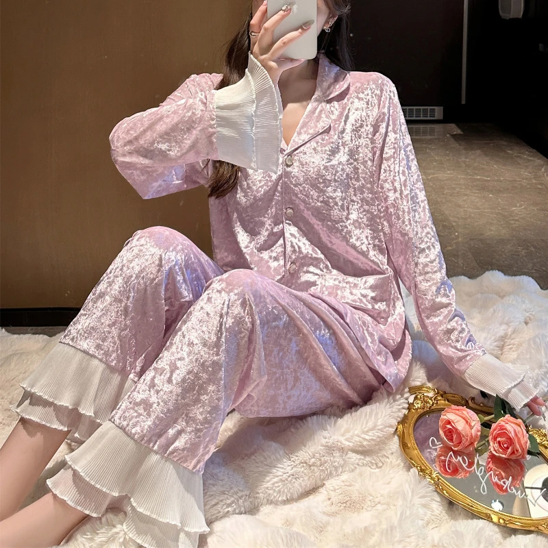 Sleepwear Women's Clothes Suits Winter Thick Cardigan Korea Home Simple Cozy Loose Casual Skinny Warm Temperament Sweet Sexy