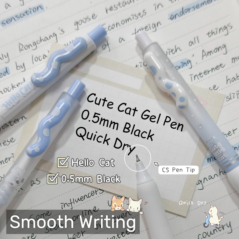 4Pcs Cute Cat Gel Pen Set 0.5mm Fun Cat Tail Quick-Dry Pen Creative Blue White Style Black Writing Pens For Study & Office Use