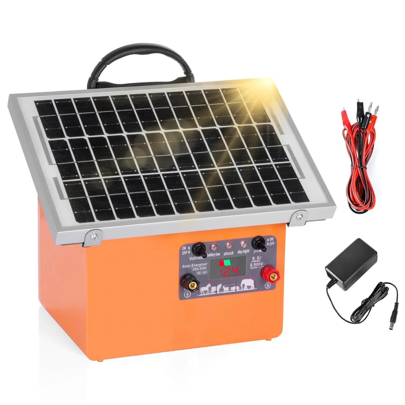 32KM/20 Miles Solar Electric Fence Charger with 5W Solar Panel for Livestock Prevent Predator Invasion with US Plug Farm Tools