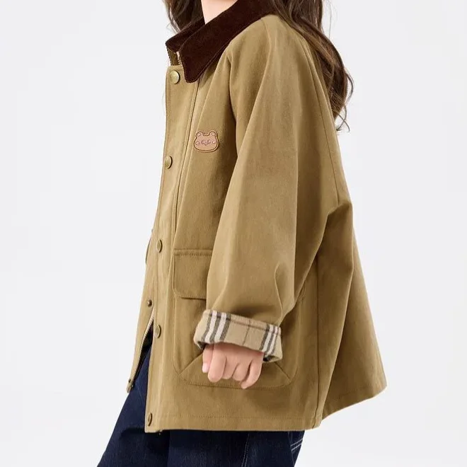 Spring and Autumn men's women's children's trench coat baby children's retro lapel plaid cartoon coat 3