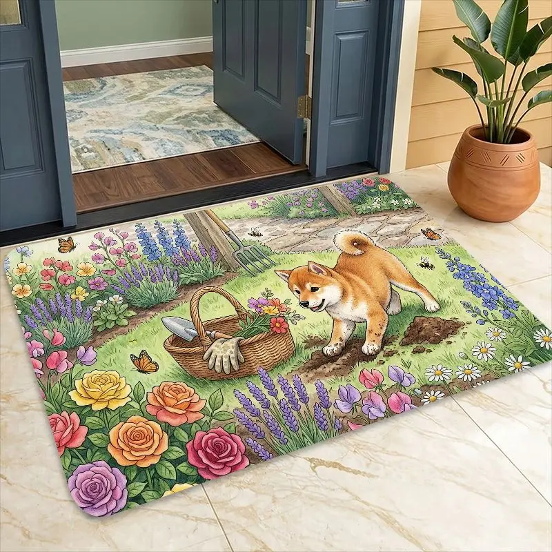 Cute Shiba Inu Puppy in Spring Garden Scene Doormat for Front Door Entrance Mat