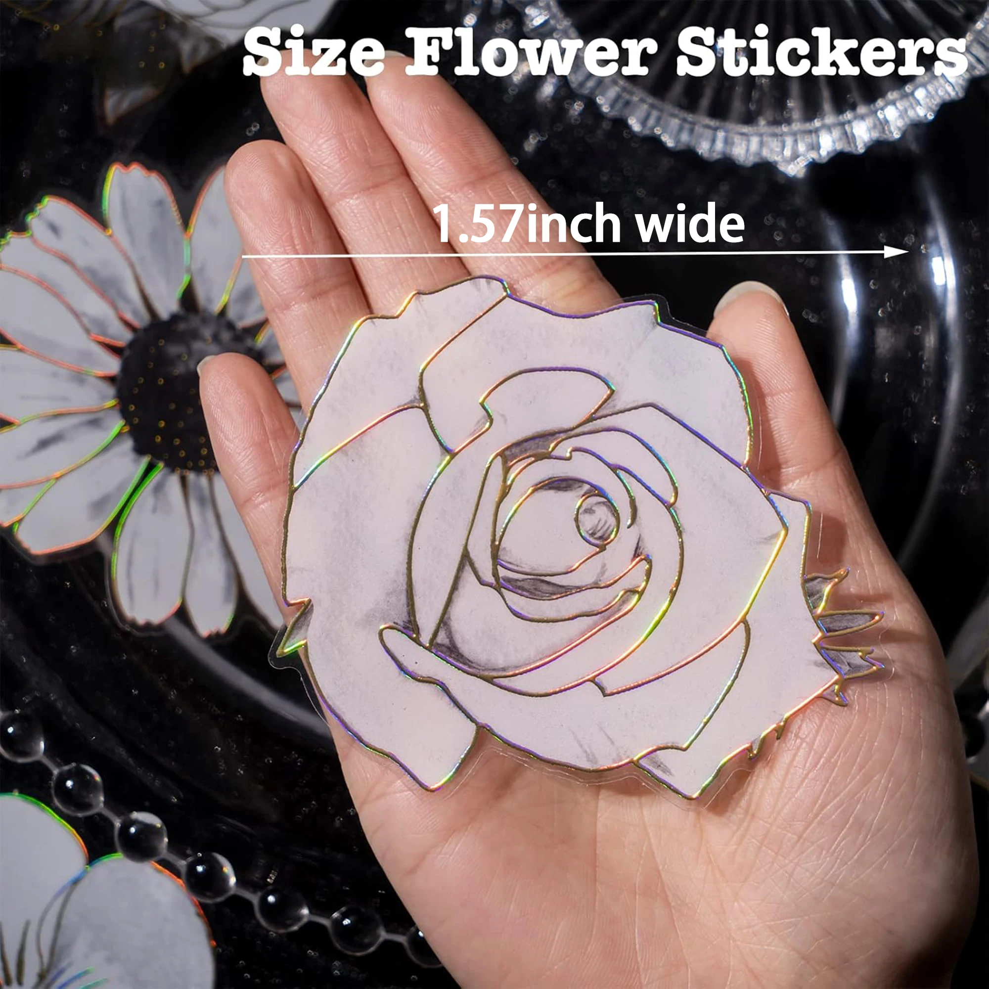 ملصقات زهور مخططة باللون الذهبي/الفضي المجسم - شارات لامعة فاخرة لرفع أي مجلة أو مشروع حرفي